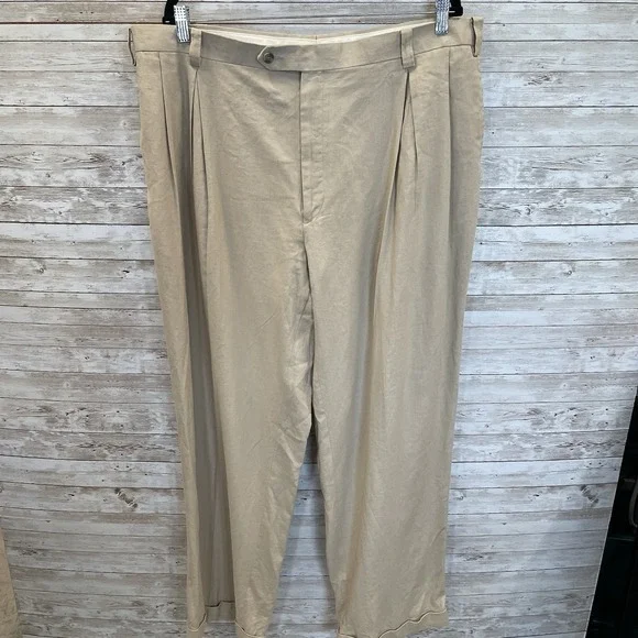 Sean John Mens 42x32 Pants Beige Pleated Linen Blend Cuffed Dress Lightweight - Picture 1 of 7